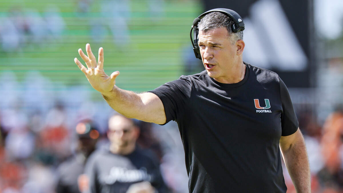Miami Hurricanes head coach Mario Cristobal signals from the field during UM’s spring football game at Cobb Stadium on the University of Miami campus in Coral Gables, Florida, on Saturday, April 18, 2026. Miami Hurricanes head coach Mario Cristobal signals from the field during UM’s spring football game at Cobb Stadium on the University of Miami campus in Coral Gables, Florida, on Saturday, April 18, 2026.